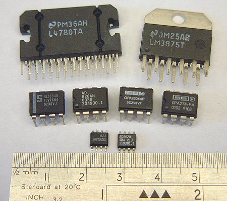 A selection of op-amps, showing the range of physical packages
      available (56K)